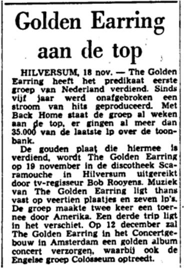 de Tijd newspaper article Golden Earring aan de top November 18, 1970 Melick - Gemeenschapshuis